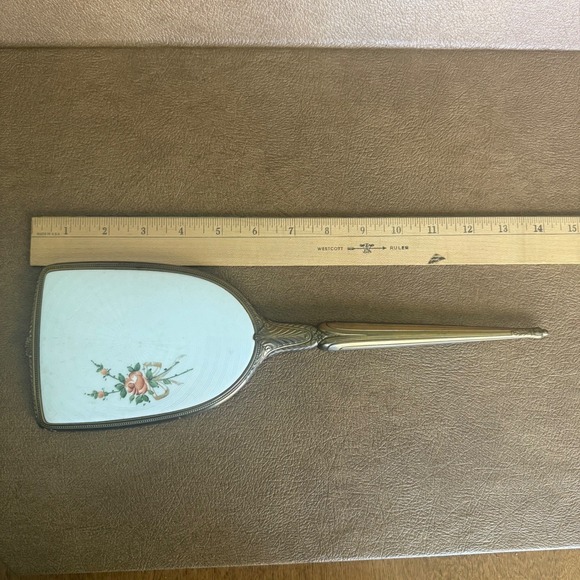 Vtg Vanity Set Hand Mirror Hair Brush Guilloché Enamel Gold Tone Rose Floral - Picture 15 of 15